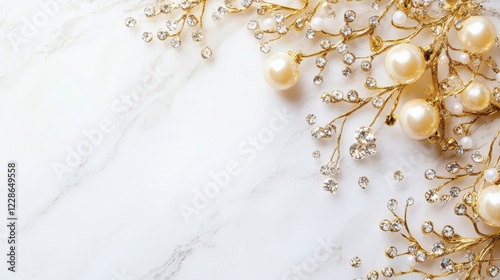 Elegant Golden Hair Accessories with Pearls and Crystals on Marble photo