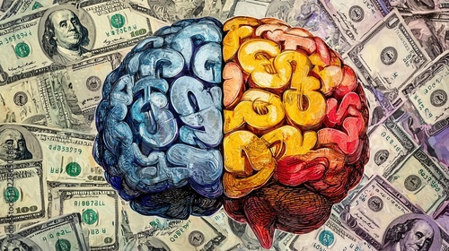 Colorful brain over money background; financial decisions concept