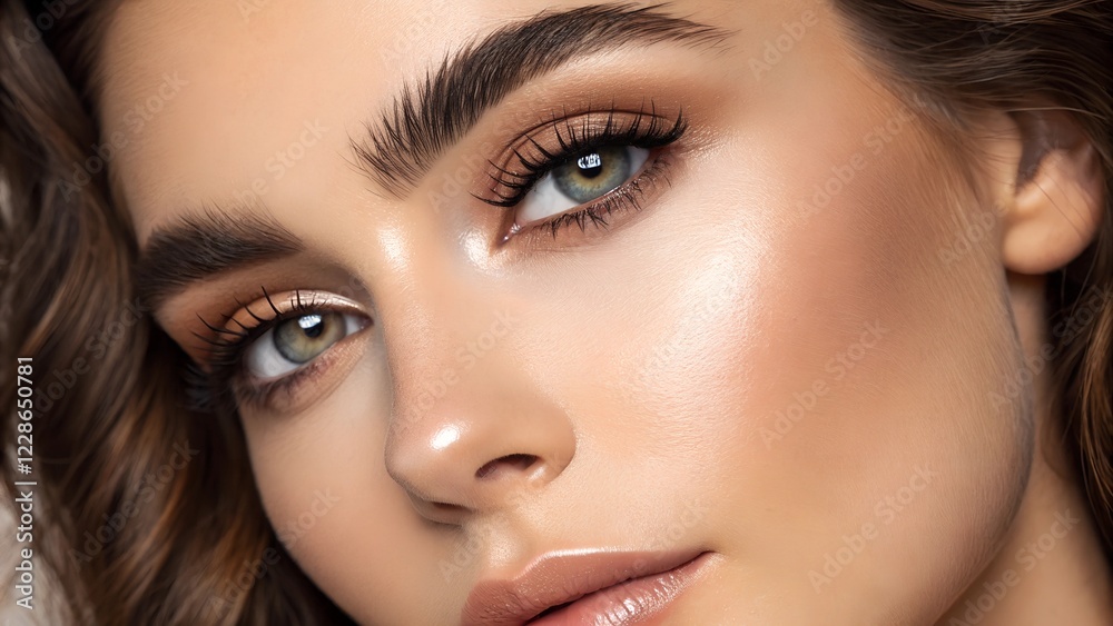Fototapeta premium Close-Up Portrait of Young Woman's Beautiful Eye, Perfect Smooth Skin, Perfectly Shaped Eyebrow and Luscious Long Lashes. Beauty Products, Cosmetics, Make-Up. Advertisement of Eco Treatment, Skin Care