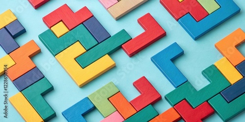 Colorful Wooden Puzzle Blocks Arranged in Abstract Patterns on a Light Blue Background