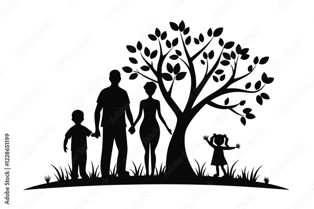 silhouette of a Family and child walking under a tree white background silhouette of a Family and child walking under a tree white background