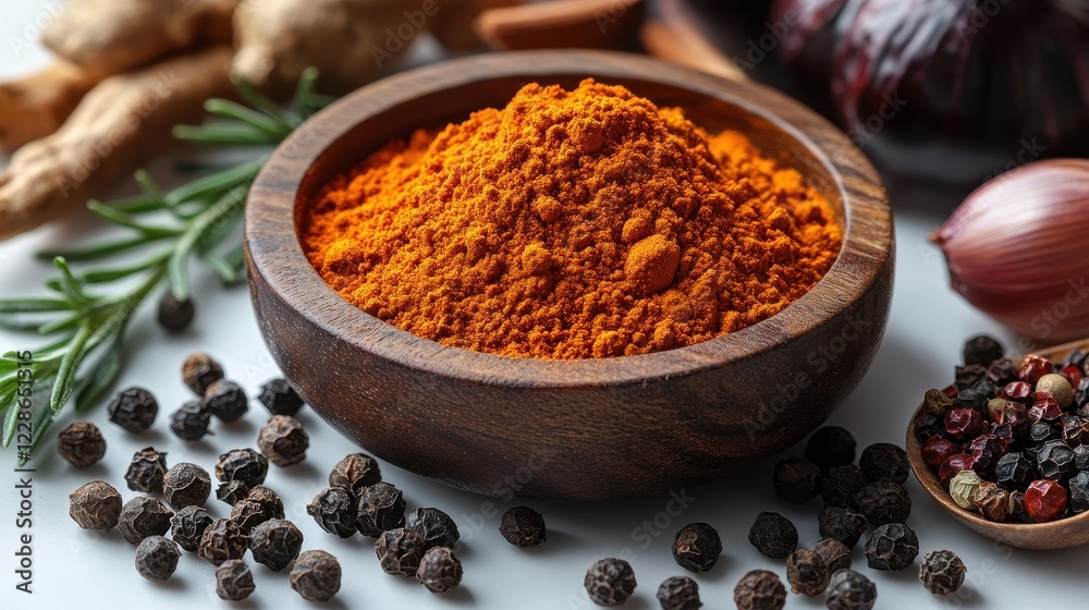 A wooden bowl filled with vibrant orange spice, surrounded by various herbs. A wooden bowl filled with vibrant orange spice, surrounded by various herbs.