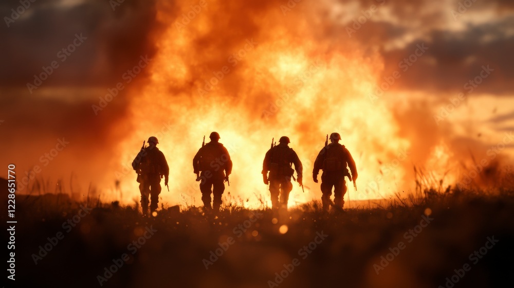 Fototapeta premium Soldiers Walking Silhouetted Against Fiery Explosion at Sunset on Battlefield