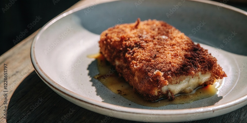 A crispy, golden-brown fried cheese dish, served with a pool of melted butter on a simple plate. A crispy, golden-brown fried cheese dish, served with a pool of melted butter on a simple plate.
