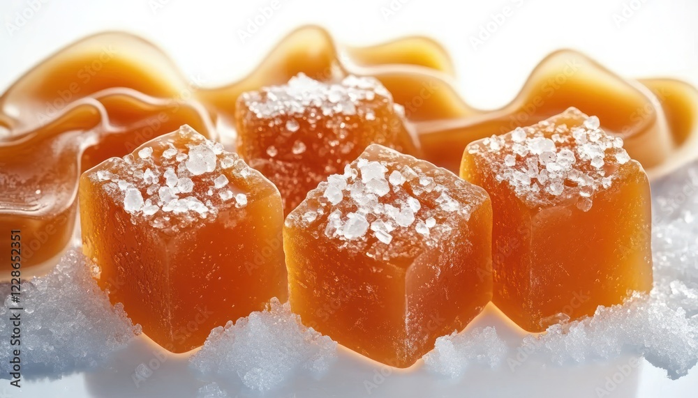Salty Caramel Candy Cubes with Sea Salt and Caramel Sauce on White Background Salty Caramel Candy Cubes with Sea Salt and Caramel Sauce on White Background