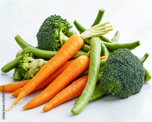 Freshly Harvested Carrots, Green Beans, and Broccoli on a Light Background photo