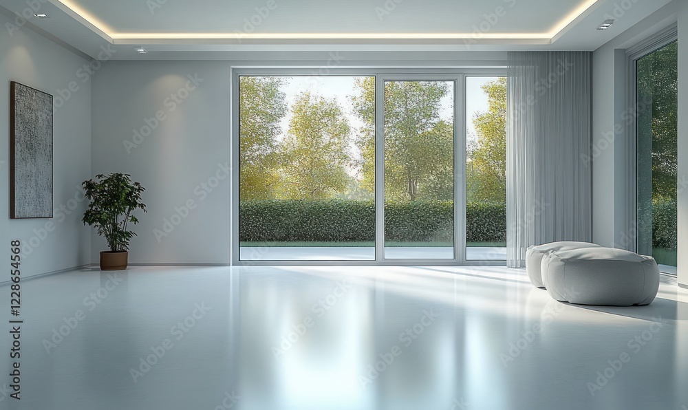 Fototapeta premium Minimalist Sunlit Living Room Design with Sliding Glass Doors and Simple Decor