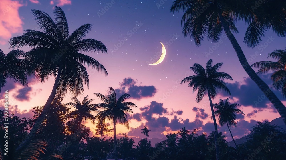 Obraz premium Tropical sunset crescent moon palm trees vacation