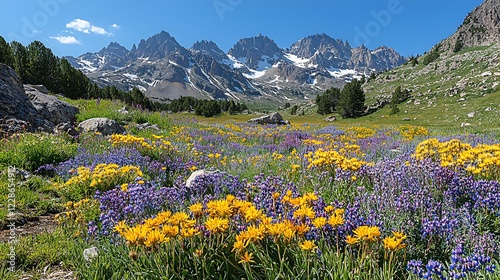 Wildflower meadow, mountain range backdrop, summer day, scenic vista, nature photography