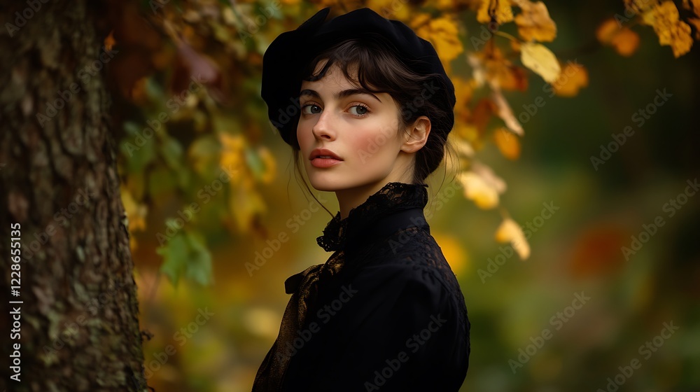 Autumnal Elegance: A Portrait of a Woman in a Black Dress and Beret Autumnal Elegance: A Portrait of a Woman in a Black Dress and Beret
