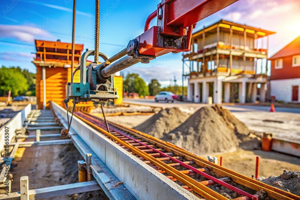 Automatic Concrete Feed into Reinforced Beams During House Construction Automatic Concrete Feed into Reinforced Beams During House Construction