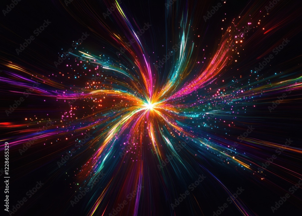 Naklejka premium Abstract Colorful Light Trails Dynamic Wave Background with Circles and Particles in Motion