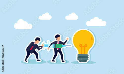 Two businessmen collaborate to inject liquid into a lit lamp, illustration of a trigger to generate business ideas and innovations