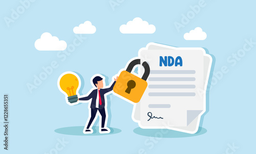 A businessman carries a lamp while holding a padlock securing an NDA paper, illustration of company document confidentiality about business ideas and innovations