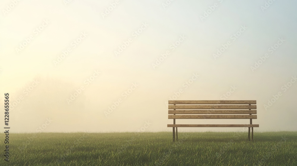 Serene Wooden Bench in a Misty Grass Field at Dawn Light Serene Wooden Bench in a Misty Grass Field at Dawn Light