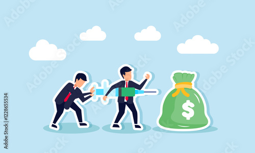 Two businessmen collaborate to inject liquid into a money bag, illustration of a trigger to increase business profit and revenue