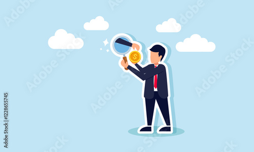 A businessman observes a lit lamp with a magnifying glass, but a hand emerges from the glass trying to take a dollar coin, illustration of sabotage in analyzing financial performance