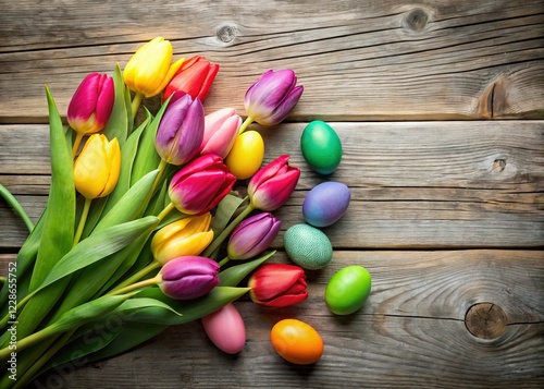 Easter Eggs & Spring Tulips on Rustic Wood - Stock Photo