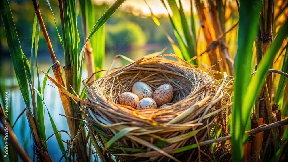 Obraz premium Long Exposure: Marsh Warbler Eggs in Nest - Nature Photography