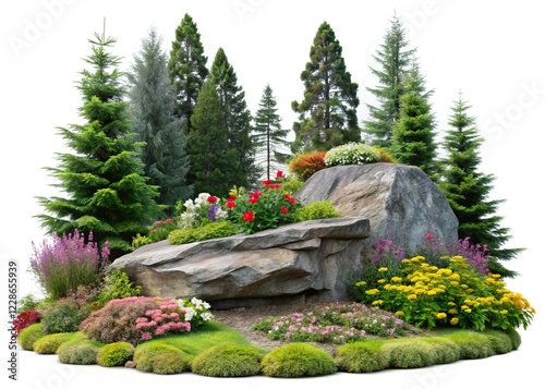 Isolated Cutout Rock Garden with Fir Trees & Flowers - Landscaping Shrub
