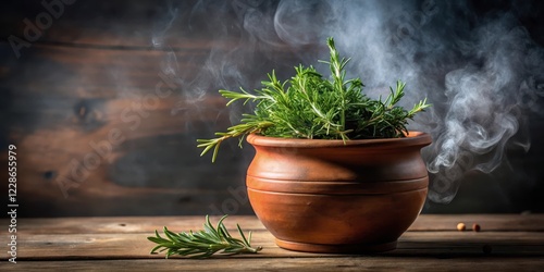 Steam rising from a clay pot with herbs like rosemary and thyme , fragrant blend photo