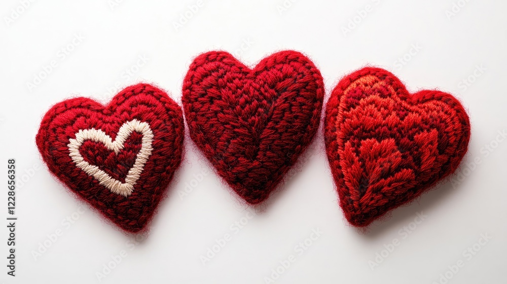 Fototapeta premium Embroidered Red Heart Felt Patches on White Background Generative AI