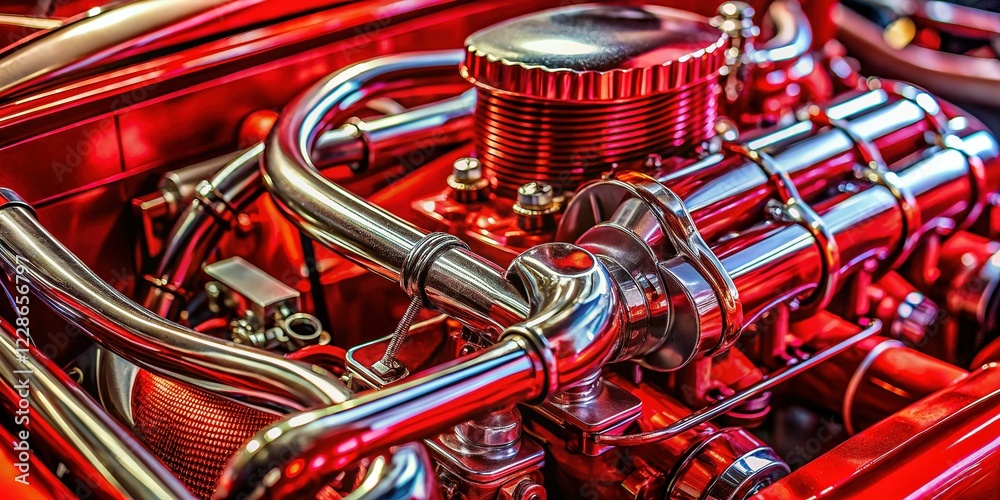 Macro Photography: Intricate Red Car Engine Components & Heatshrink Tubing