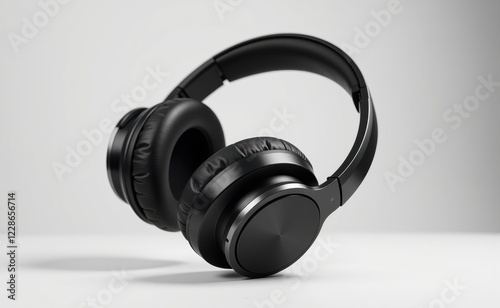 A pair of sleek, black wireless headphones levitating against a clean white background, showcasing modern audio technology. photo