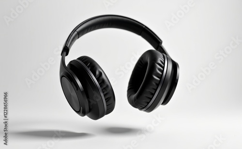 A pair of sleek, black wireless headphones levitating against a clean white background, showcasing modern audio technology. photo