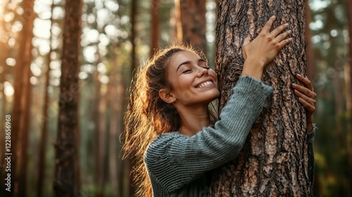 Woman hugging tree in forest, sunset; nature connection, environmentalism