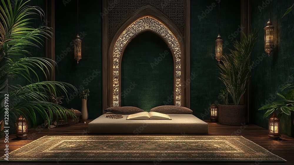 Fototapeta premium Moroccan room, prayer, meditation, serenity, night, open book, plants, arch, interior design