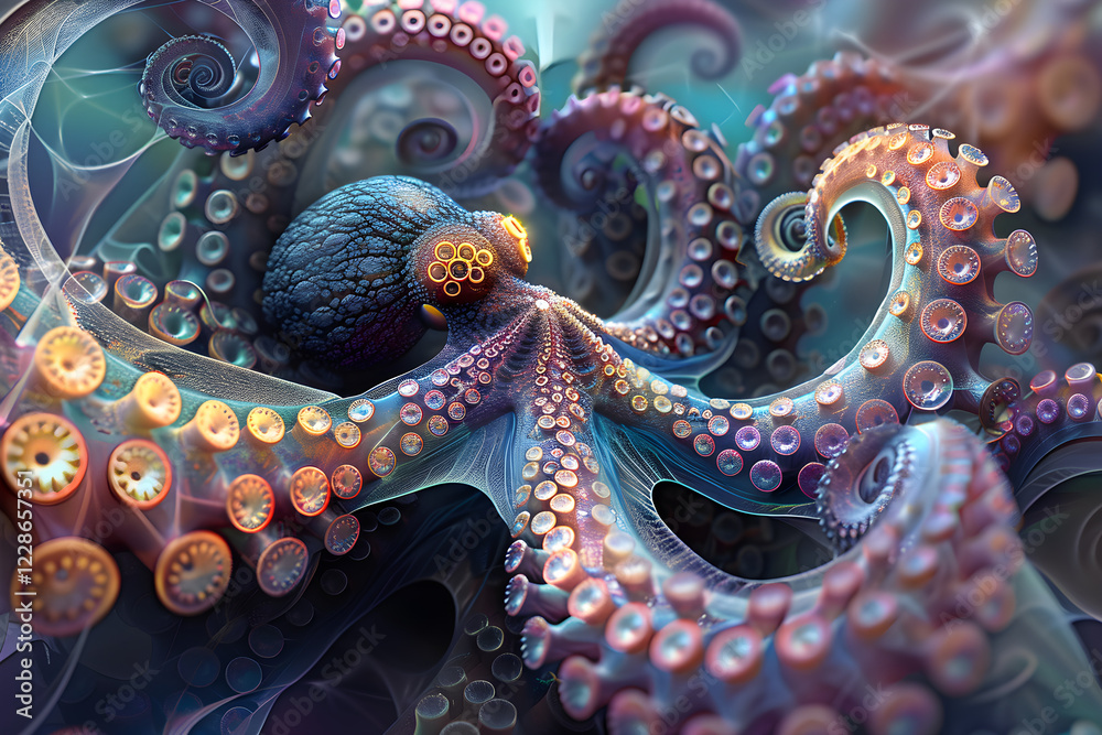 Obraz premium Intricate Abstract Octopus: Dynamic Digital Illustration with Vibrant Swirling Tentacles Perfect for Artistic Applications