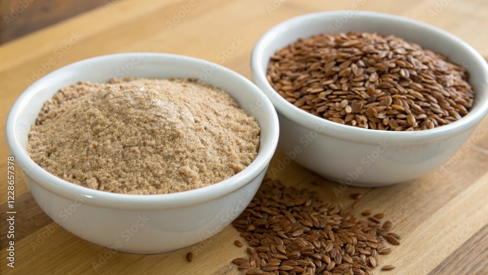 A close-up view of flaxseed meal and whole flaxseeds in white bowls on a wooden surface. A close-up view of flaxseed meal and whole flaxseeds in white bowls on a wooden surface.