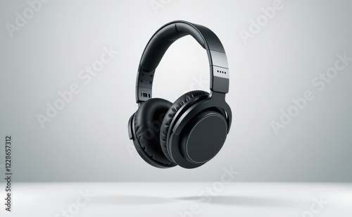 A pair of sleek, black wireless headphones levitating against a clean white background, showcasing modern audio technology. photo