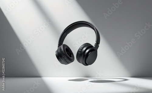 A pair of sleek, black wireless headphones levitating against a clean white background, showcasing modern audio technology. photo