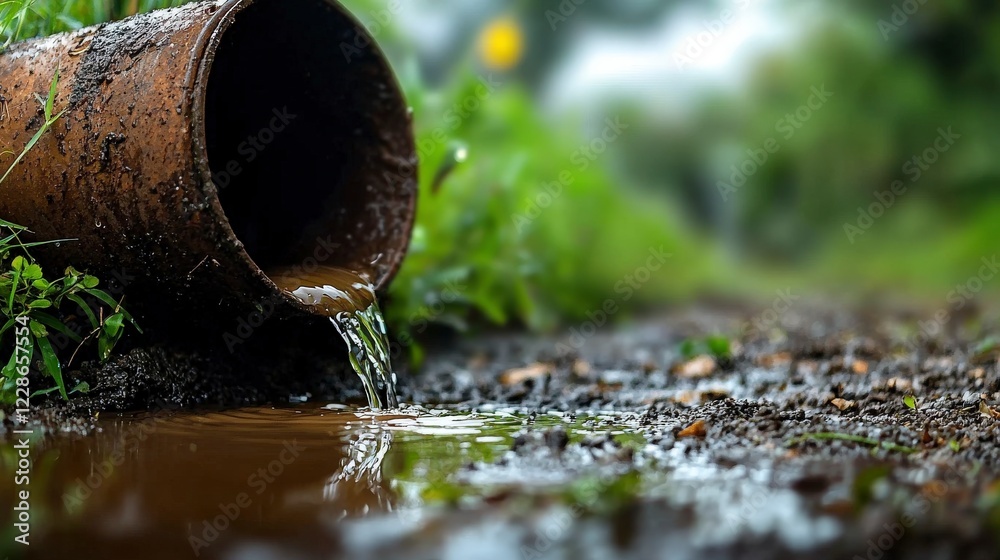 Water Flowing from Rusty Pipe Surrounded by Greenery and Muddy Ground in Nature Environment Water Flowing from Rusty Pipe Surrounded by Greenery and Muddy Ground in Nature Environment