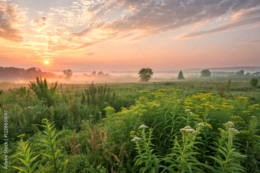 A serene sunrise over a field of medicinal plants A serene sunrise over a field of medicinal plants
