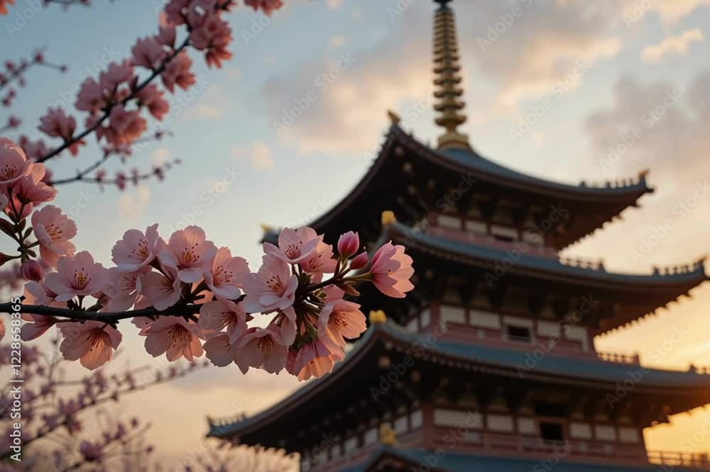 Fujiyoshida, Japan Beautiful view of mountain Fuji and Chureito pagoda at sunset, japan in the spring with cherry blossoms Fujiyoshida, Japan Beautiful view of mountain Fuji and Chureito pagoda at sunset, japan in the spring with cherry blossoms