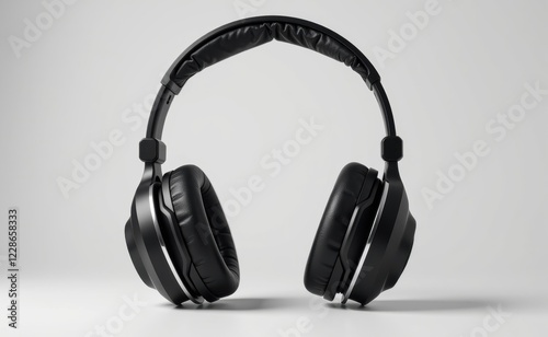 A pair of sleek, black wireless headphones levitating against a clean white background, showcasing modern audio technology. photo