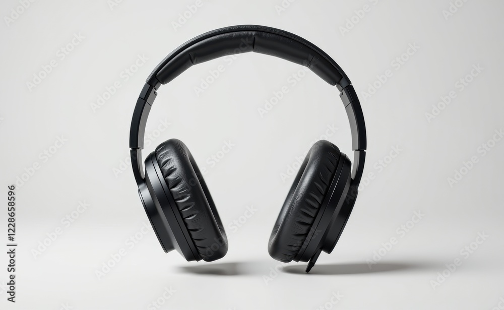 Fototapeta premium A pair of sleek, black wireless headphones levitating against a clean white background, showcasing modern audio technology.
