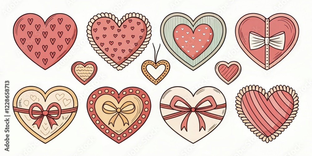 Fototapeta premium A Collection of Charming Hand-Drawn Hearts with Various Patterns and Bows for Valentine's Day