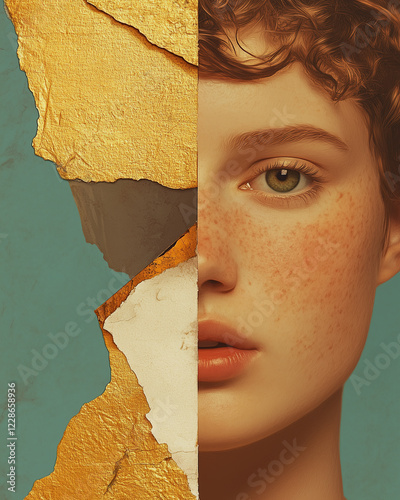 Belle epoque eternal beauty concept. Creative collage of the beautiful young woman using mix of different techniques. Close up portrait. Avant-garde postcard, poster style
