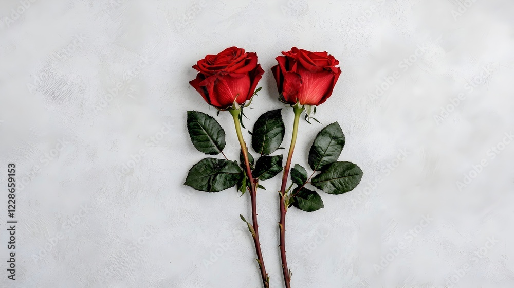 Two Elegant Red Roses with Green Leaves on Textured Background Two Elegant Red Roses with Green Leaves on Textured Background