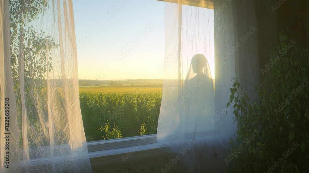 Fototapeta premium Translucent Figure Resting by Window Overlooking Scenic Landscape