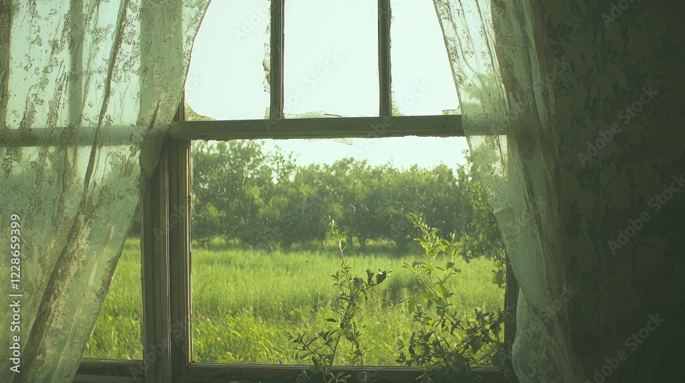 Torn Photograph Taped to Window Showcasing Lush Green Landscape Torn Photograph Taped to Window Showcasing Lush Green Landscape