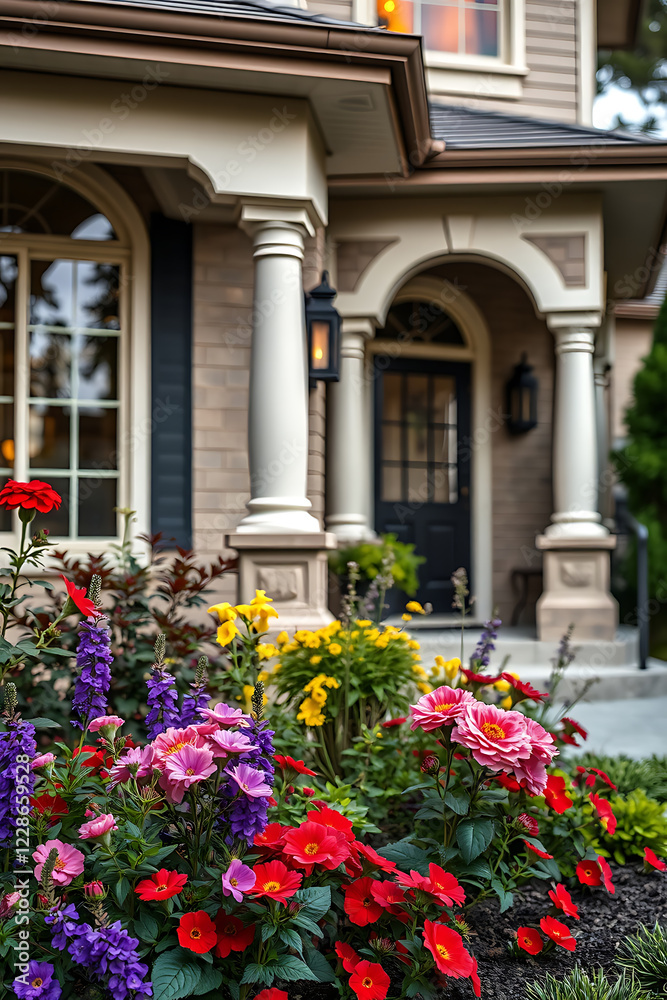 Vibrant flowers blooming in front of a beautiful house. The home features classic architecture, a charming porch, and a well-maintained garden. Perfect for real estate or home design inspiration. Vibrant flowers blooming in front of a beautiful house. The home features classic architecture, a charming porch, and a well-maintained garden. Perfect for real estate or home design inspiration.