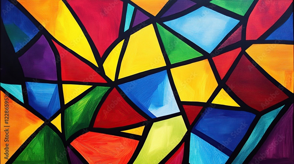 Fototapeta premium Abstract colorful stained-glass painting, vibrant shapes, dark background, art print