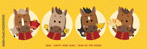 Happy Chinese new year 2026 greeting card with cute horse in red costume and gold money. Animal zodiac cartoon character. -Vector