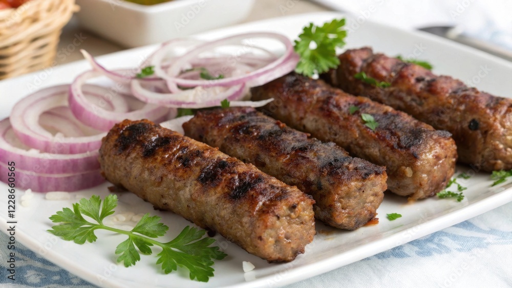 Grilled savory sausages with caramelized onions and fresh parsley garnish on a white plate Grilled savory sausages with caramelized onions and fresh parsley garnish on a white plate