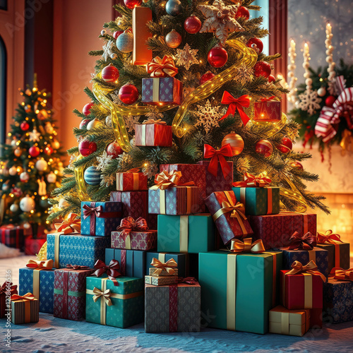 Macro photograph of a stack of colorful Christmas gifts under a beautifully decorated tree, Christmas gifts, decorated tree, Colorful, surprise, presents photo